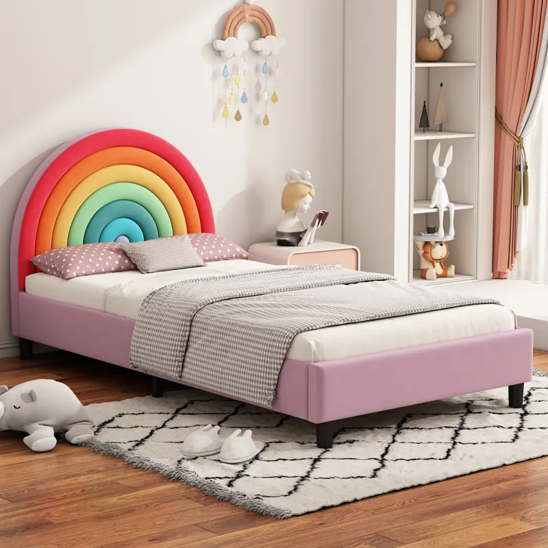 Rainbow Design Upholstered Twin Platform Bed Cute Style Princess Bed For Boys & Girls, Teens - Color