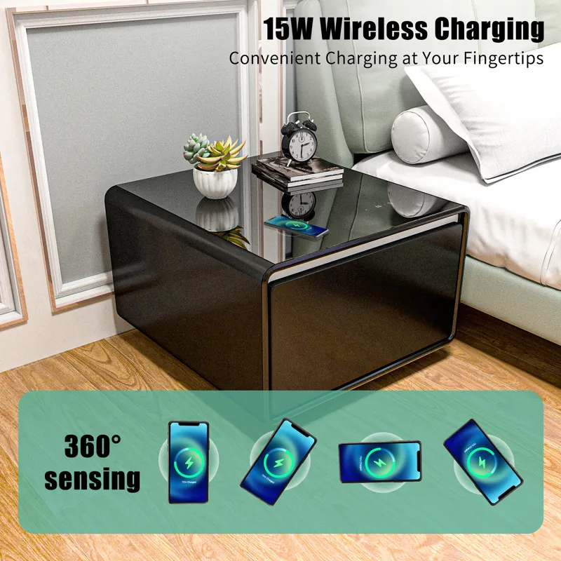 Modern Smart Side Table With Built-In Fridge, Wireless Charging, Temperature Control, Power Socket, 