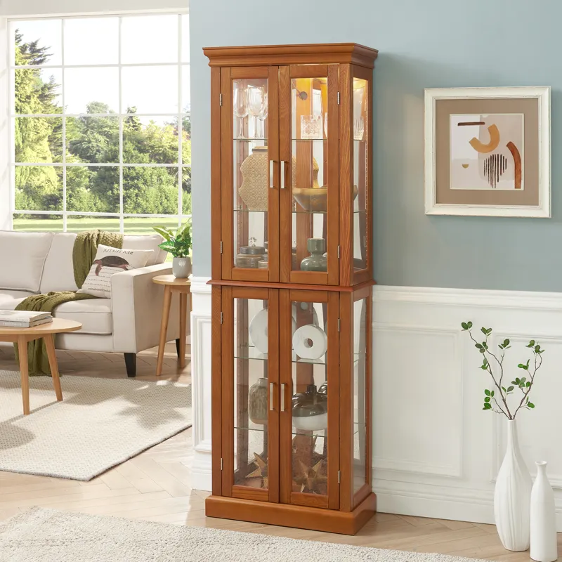 Curio Cabinet Lighted Curio Diapaly Cabinet With Adjustable Shelves And Mirrored Back Panel, Tempere