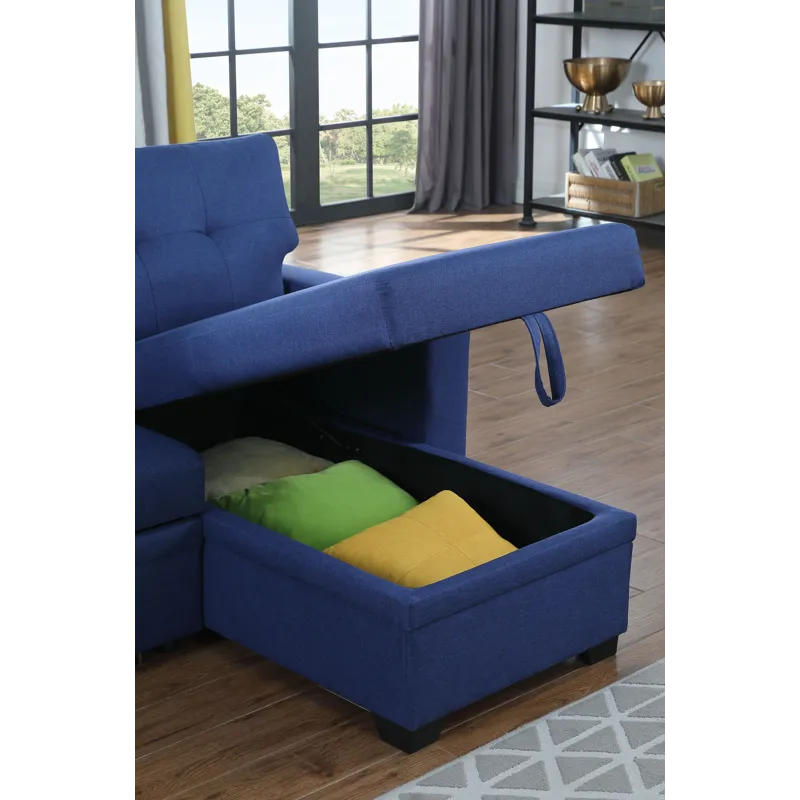 Upholstered Pull Out Sectional Sofa With Chaise - Blue