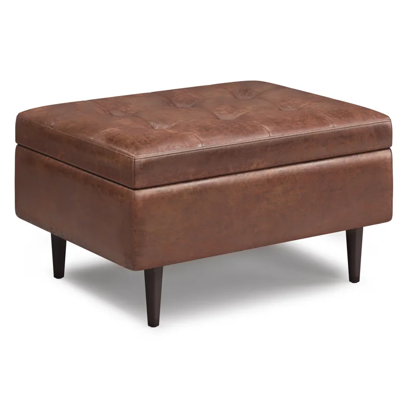 Shay - Mid Century Small Coffee Table Storage Ottoman - Distressed Saddle Brown