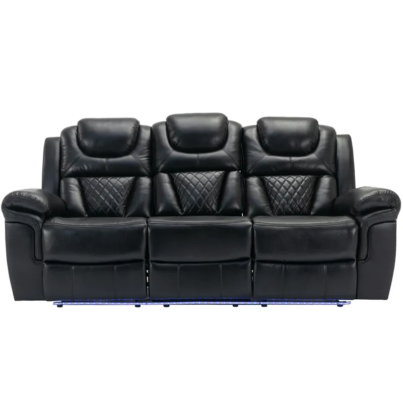 Home Theater Seating Manual Recliner Chair With Center Console And Led Light Strip For Living Room -