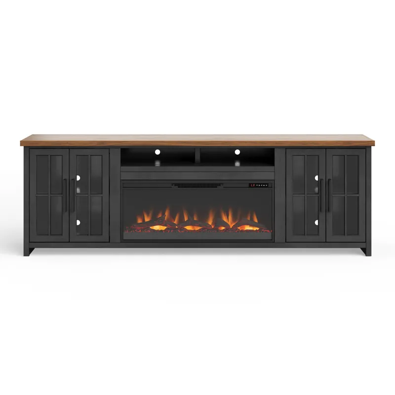 Bridgevine Home - Essex 97\" Fireplace TV Stand Console - Black and Whiskey Finish