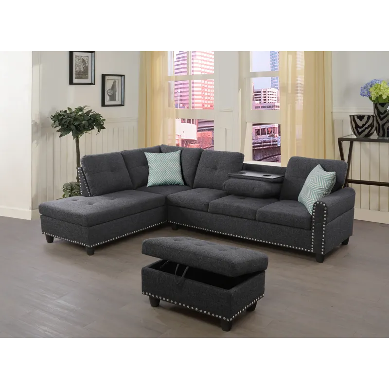 Alger - 98" Wide Left Hand Facing Sofa & Chaise With Ottoman - Charcoal Grey