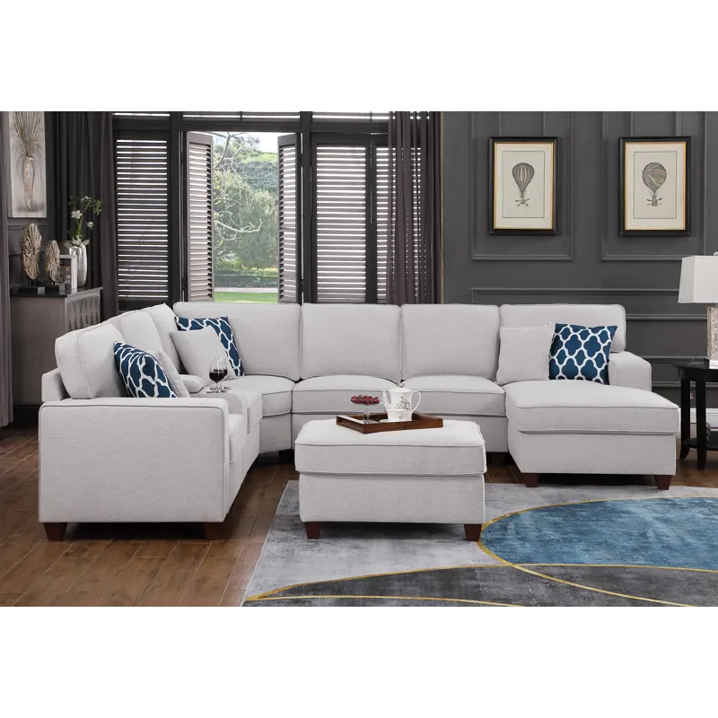 Tina - 8 Piece Upholstered Sectional With Ottoman - Light Gray