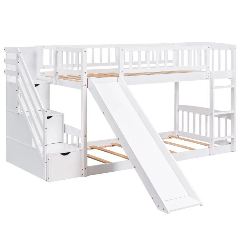 Stairway Twin Over Twin Bunk Bed With Two Drawers And Slide - White