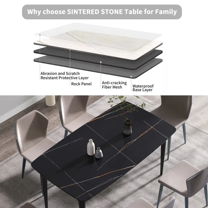 63\" Artificial Stone Black Curved Black Metal Leg Dining Table, 6 People - Black