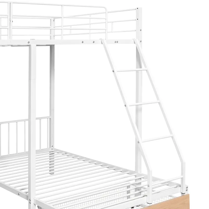 Full Over Twin & Twin Bunk Bed, Metal Triple Bunk Bed With Drawers And Guardrails - White