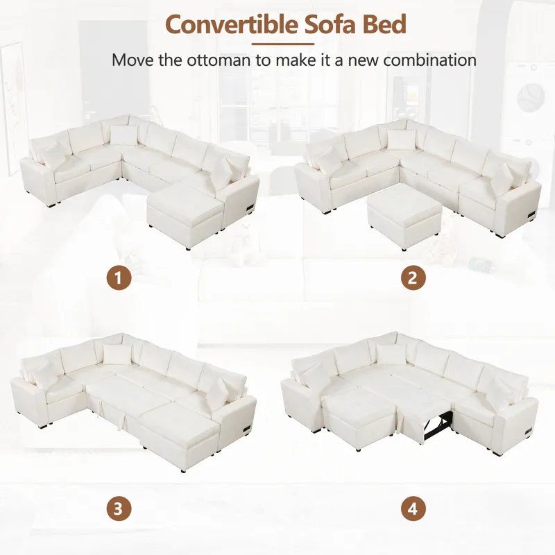 Sectional Sofa Pull-Out Sofa Bed Sleeper With A Storage Ottoman, Three Pillows And Charging Devices 