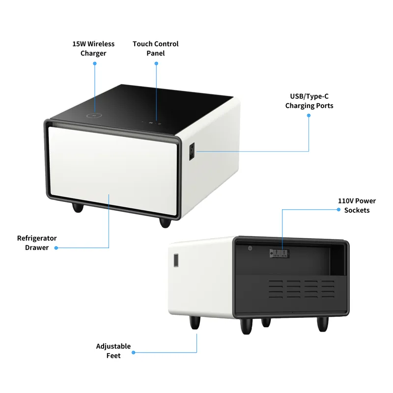 Modern Smart Side Table With Built-In Fridge, Wireless Charging, Temperature Control, Power Socket, 