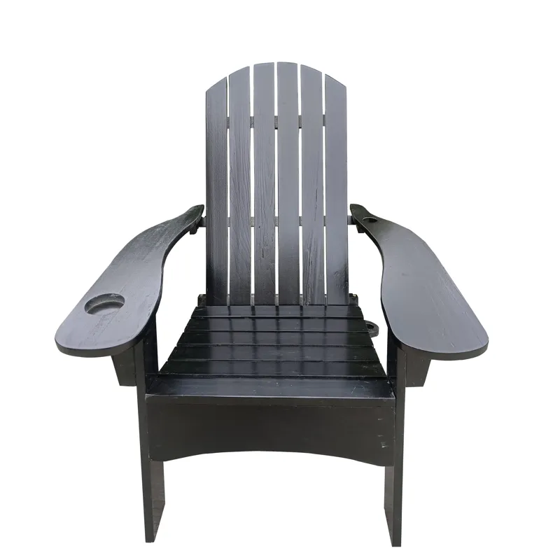 Outdoor Or Indoor Wood Adirondack Chair With An Hole To Hold Umbrella, On The Arm - Black