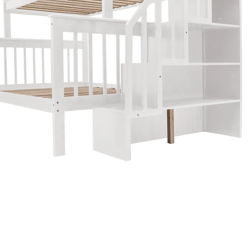 Twin Over Full Stairway Bunk Bed With Drawer, Storage And Guard Rail For Bedroom, Dorm, For Adults -
