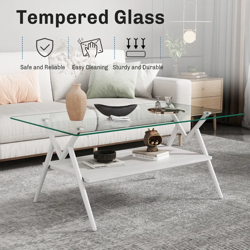 Rectangle Coffee Table With Tempered Glass Top And Metal Legs, Modern Table For Living Room - Transp