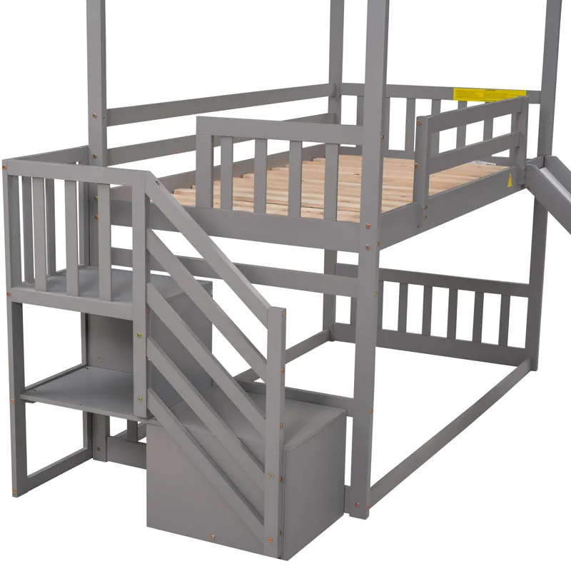 Twin Over Twin House Bunk Bed With Convertible Slide, Storage Staircase Can Be Placed Left Or Right 