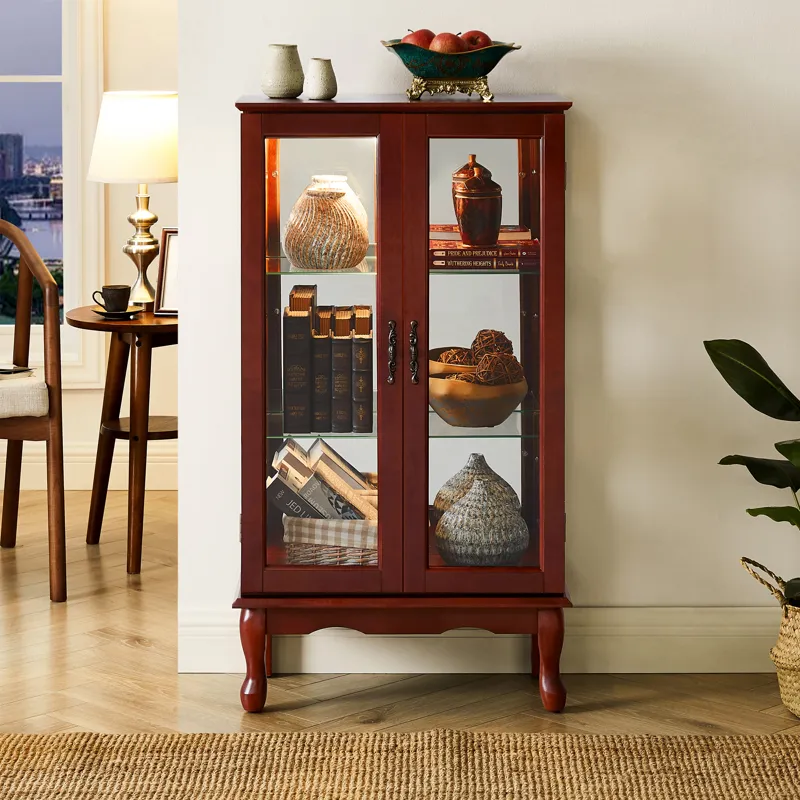 Curio Cabinet Lighted Curio Diapaly Cabinet With Adjustable Shelves And Mirrored Back Panel, Tempere