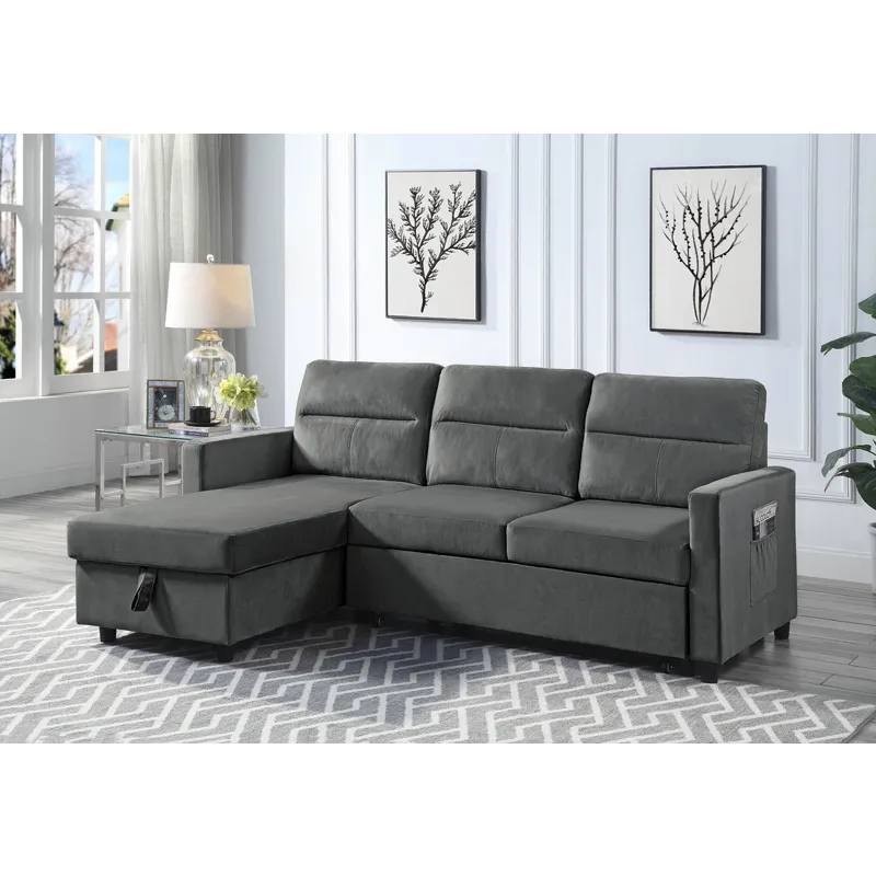 Ivy - Velvet Reversible Sleeper Sectional Sofa With Storage Chaise And Side Pocket - Dark Gray