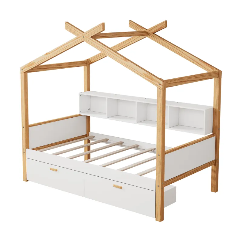 Twin Size Wooden House Bed Original Wood Colored Frame With Two Drawers And Bookshelf Storage Space 