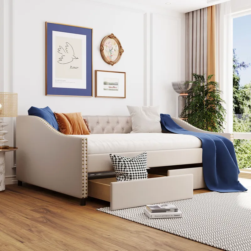 Full Size Upholstered Daybed With Two Drawers, Wood Slat Support - Beige