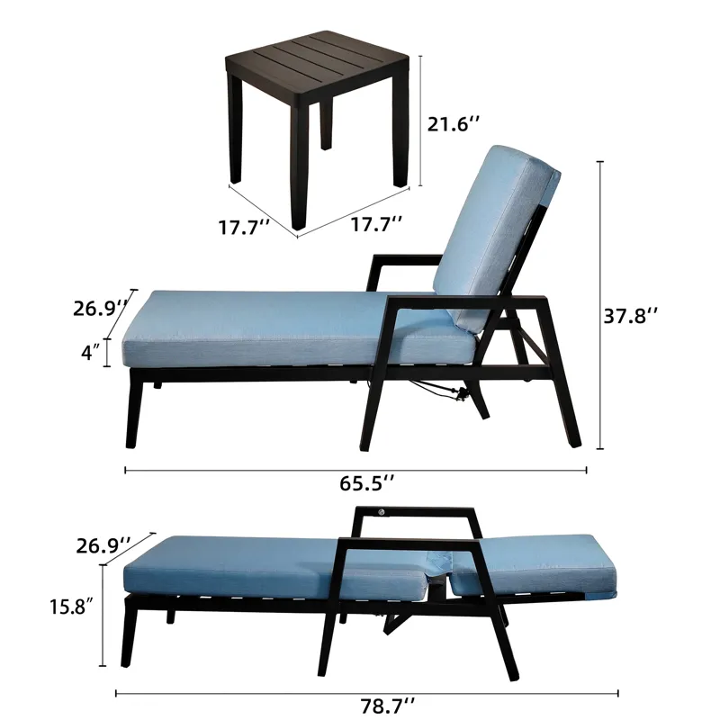 3 Piece Outdoor Patio Chaise Lounge Set, 2 Chaise & 1 End Table With Modern Tapered Feet, Pneumatic 