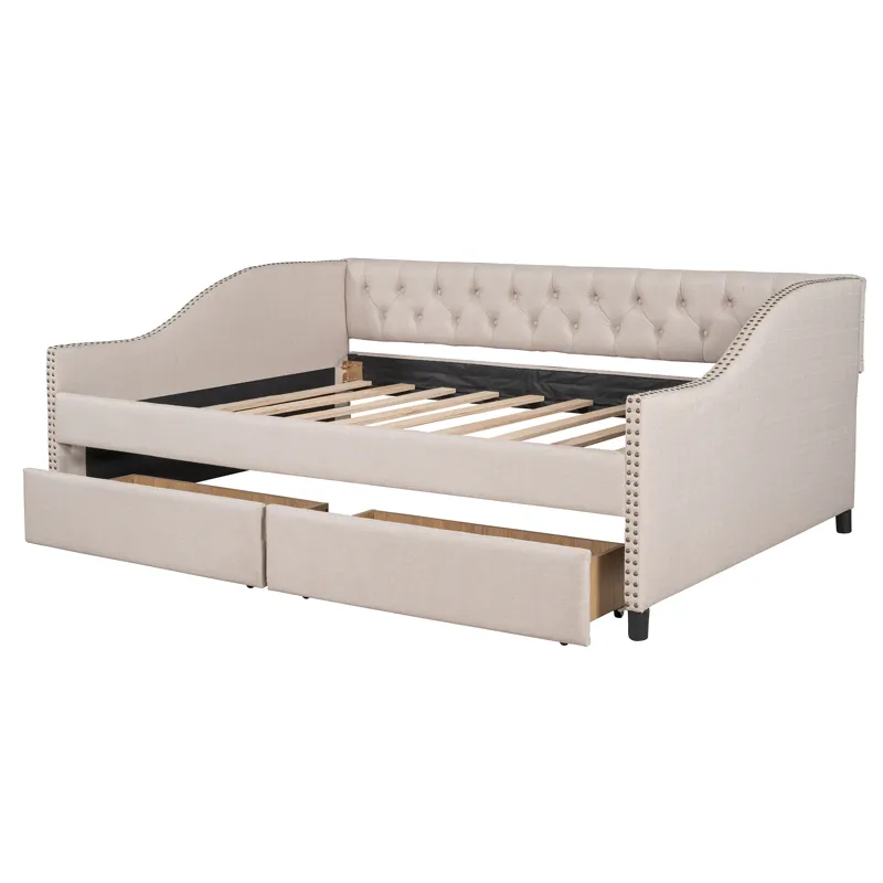 Full Size Upholstered Daybed With Two Drawers, Wood Slat Support - Beige