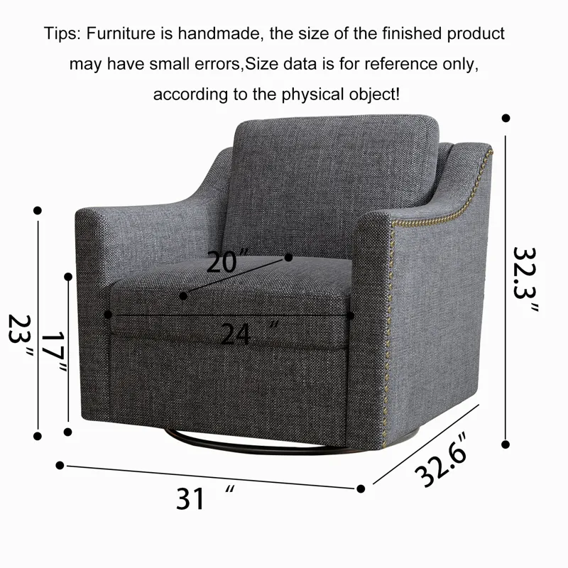 360 Degree Swivel Armchair Cotton Linen Skin-Friendly Fabric Ergonomic Design Brass Nail Decorative 