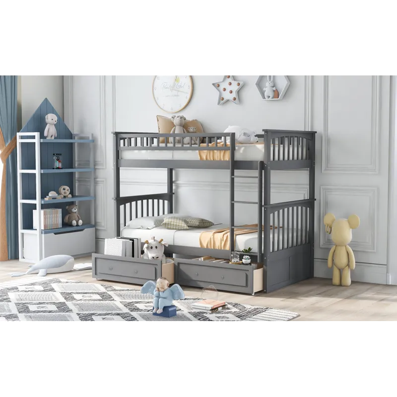 Twin Over Twin Bunk Bed With Drawers, Convertible Beds - Gray