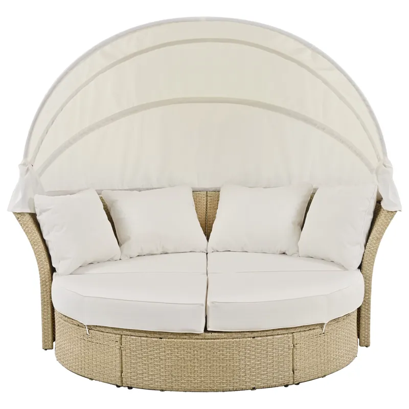 Outdoor Patio Daybed Wicker Rattan Double Daybed Round Sofa Furniture Set With Retractable Canopy, 4