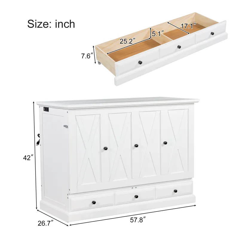 Full Solid Pine Murphy Bed Chest Cube Cabinet Bed With Charging Station And Large Storage Drawer For
