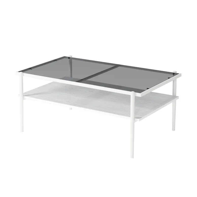 Rectangle Coffee Table With Tempered Glass Top And White Legs, Modern Table For Living Room - Gray