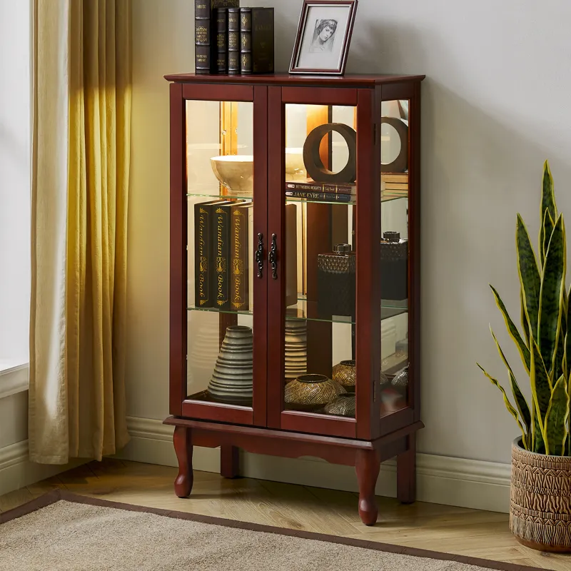 Curio Cabinet Lighted Curio Diapaly Cabinet With Adjustable Shelves And Mirrored Back Panel, Tempere