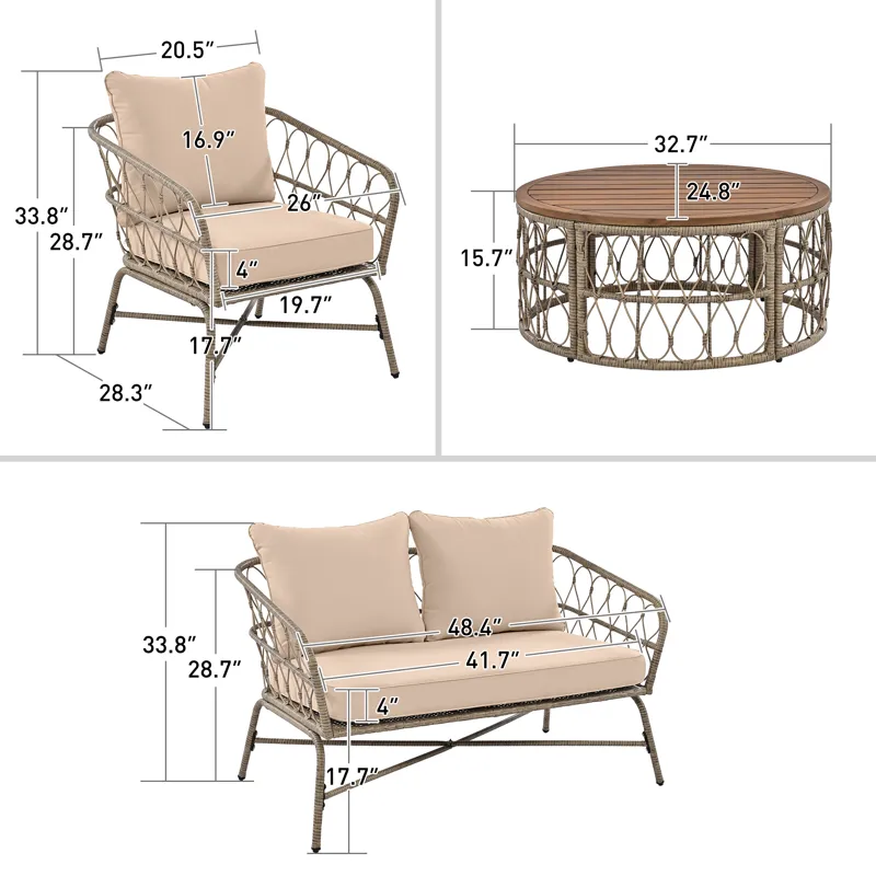 Bohemia-Inspired 4 Person Outdoor Seating Group With Removable Cushions, Conversation Patio Set With
