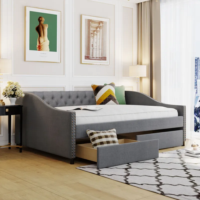 Full Size Upholstered Daybed With Two Drawers, Wood Slat Support - Gray
