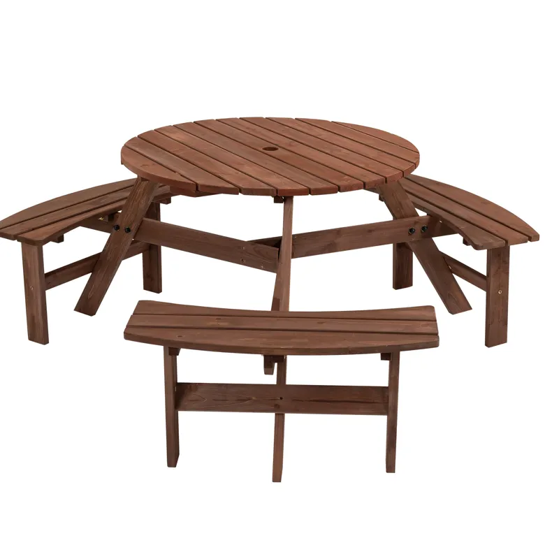 6 Person Circular Outdoor Wooden Picnic Table For Patio, Backyard, Garden, Diy With 3 Built-In Bench