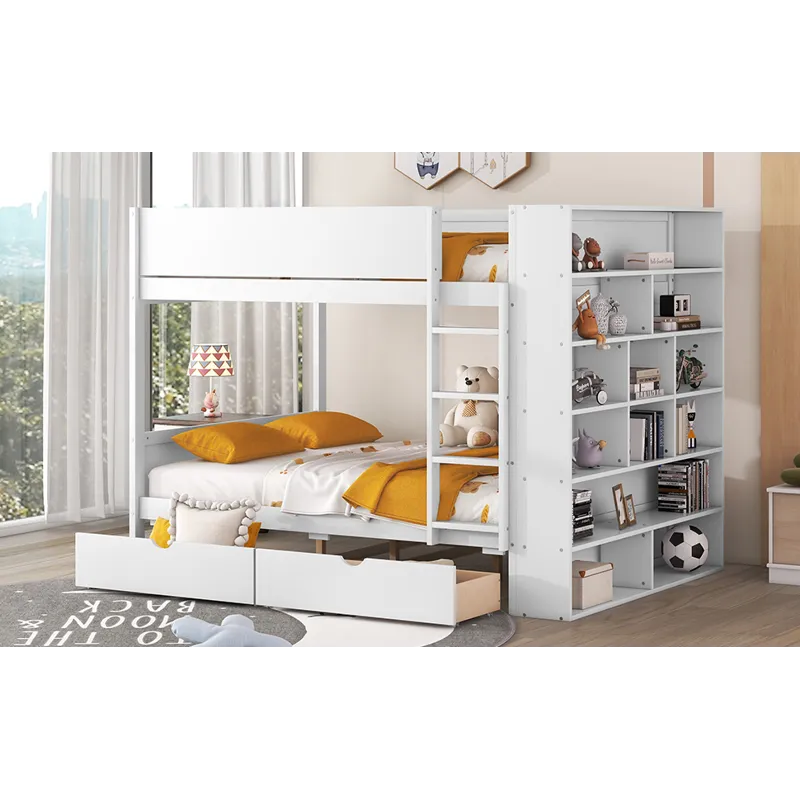 Full Over Full Bunk Bed With 2 Drawers And Multi - Layer Cabinet - White