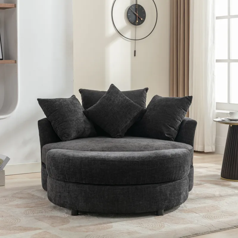 360° Swivel Accent Barrel Chair With Storage Ottoman & 4 Pillows, Modern Chenille Leisure Chair Roun