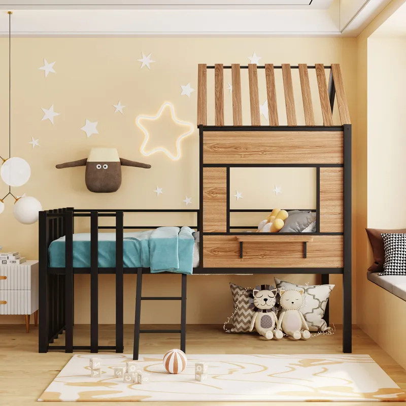 Twin Size Loft Bed With Roof, Window, Guardrail, Ladder Black