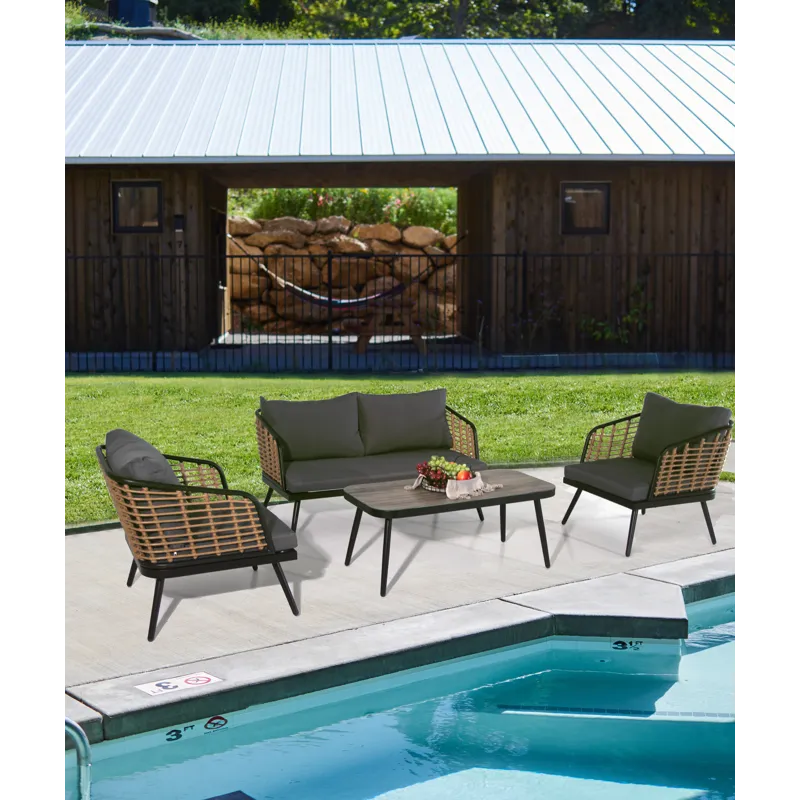 4 Pieces Patio Furniture Set, PE Rattan Wicker With Washable Cushion And Tempered Glass Tabletop, Co
