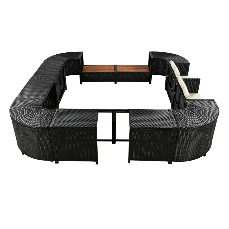 Spa Surround Spa Frame Quadrilateral Outdoor Rattan Sectional Sofa Set With Mini Sofa, Wooden Seats 
