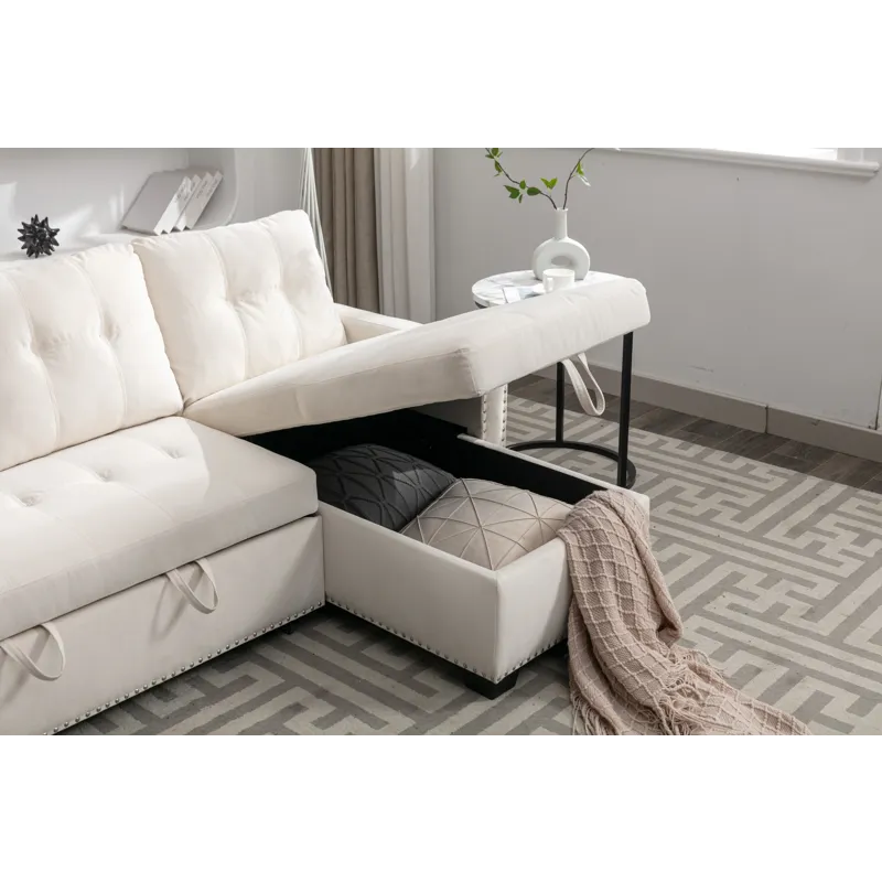 Reversible Sectional Storage Sleeper Sofa Bed, L-Shape 2 Seat Sectional Chaise With Storage, Skin-Fe