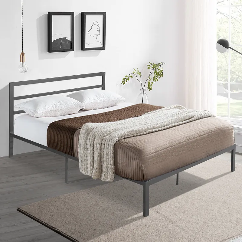 Queen Metal Bed Frame With Headboard - Charcoal Gray