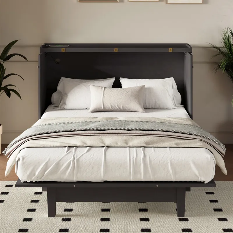 Full Solid Pine Murphy Bed Chest Cube Cabinet Bed With Charging Station And Large Storage Drawer For