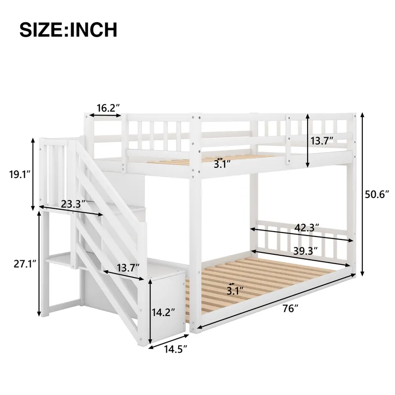 Twin Over Twin Floor Bunk Bed, Ladder With Storage - White
