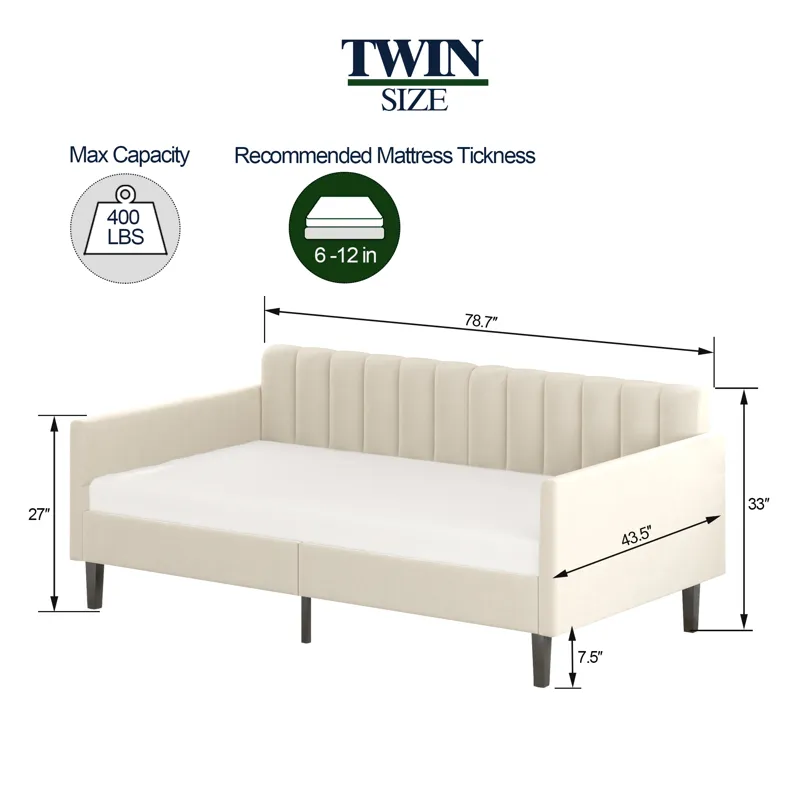 Elena - Twin Upholstered Daybed, Ribbed Tufted Backrest - Beige
