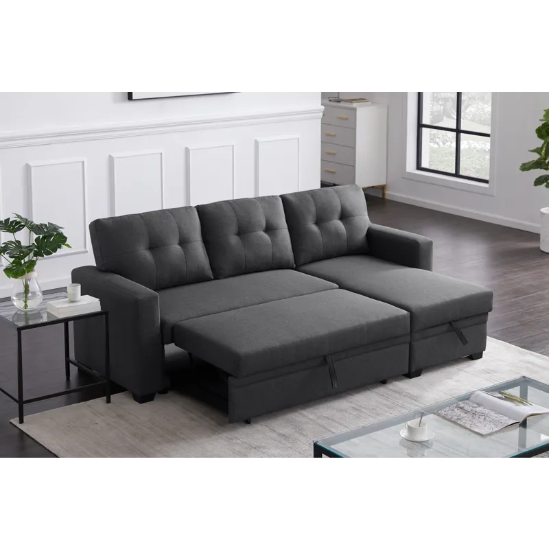 Upholstered Pull Out Sectional Sofa With Chaise - Dark Gray