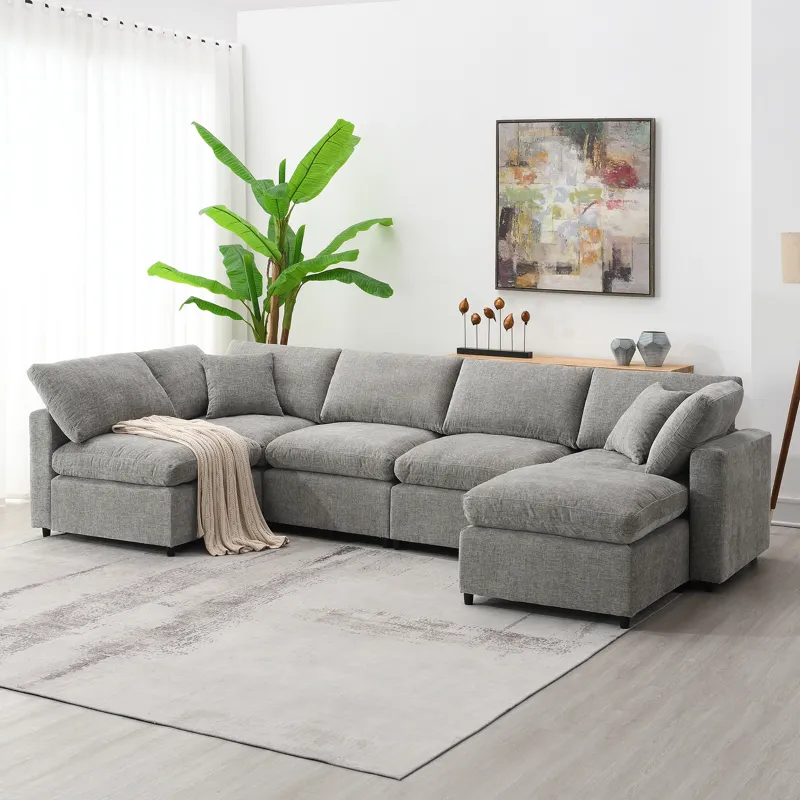 Modern Modular Cloud Sofa Bed, 6 Seat Chenille Sectional Couch Set With Ottoman, Free Combination, C