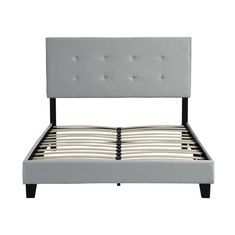 Full Size Upholstered Platform Bed Frame With Pull Point Tufted Headboard, Strong Wood Slat Support,