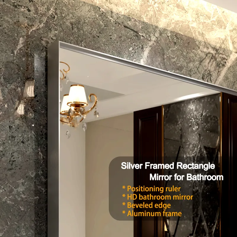 40X30\" Silver Rectangular Wall-Mounted Beveled Bathroom Mirror, Square Angle Metal Frame Wall Mount