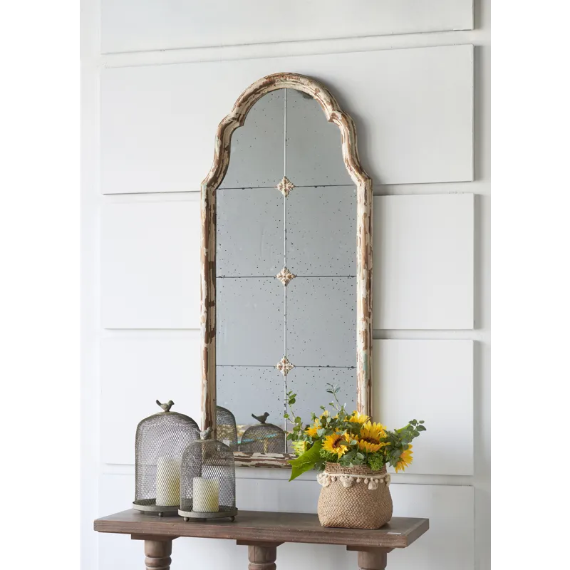 Large Framed Wall Mirror, Wood Arched Mirror With Decorative Window Look For Living Room, Bathroom, 