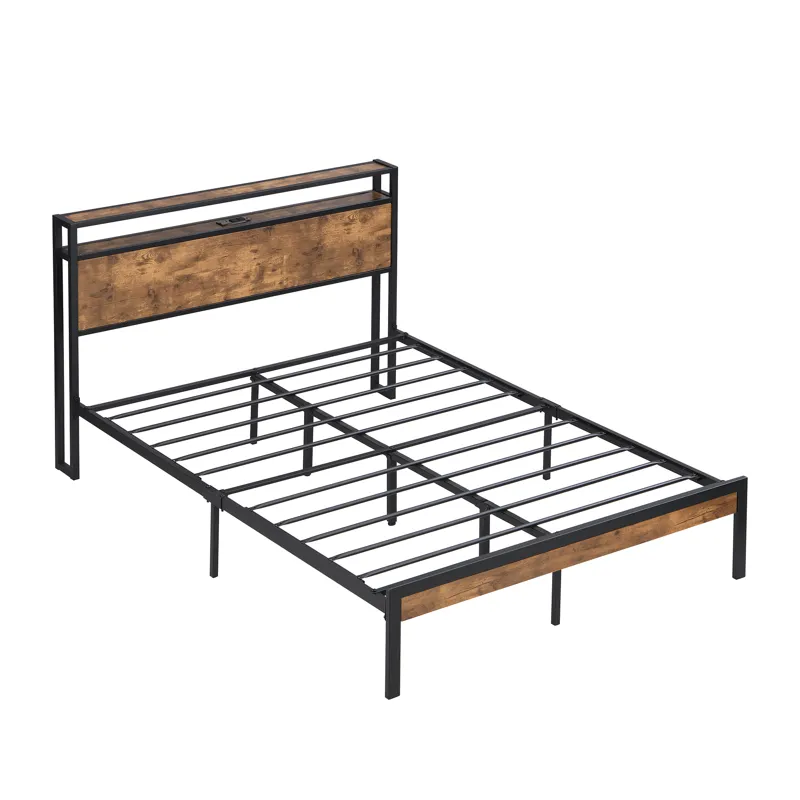 Full Size Metal Platform Bed Frame With Wooden Headboard And Footboard With USB Liner, No Box Spring
