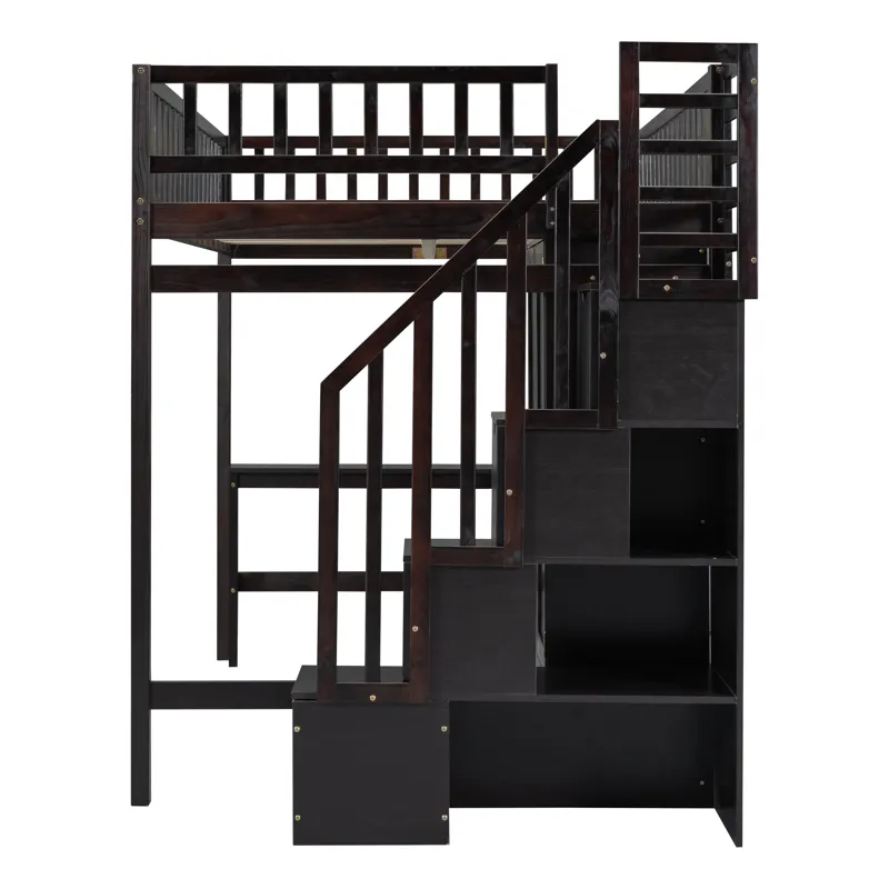 Full Size Loft Bed With Bookshelf, Drawers, Desk, And Wardrobe - Espresso
